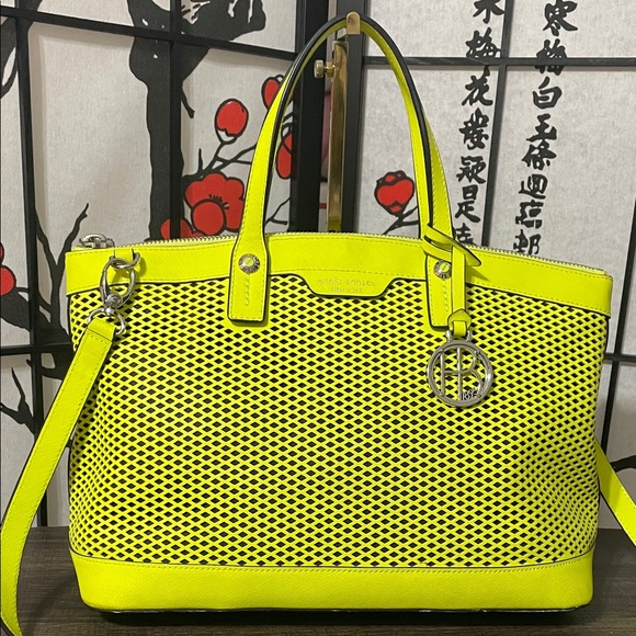 henri bendel Handbags - Henri Bendel Rare Neon Yellow Mesh Tote with Silver-Tone Charm